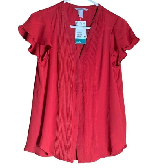 NWT H&M Red Button Front Semi Sheer Short Sleeve Top Size 6 📦 - Picture 1 of 8